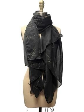 Vintage Black Sheer Scarf Delicate Gold Abstract Painted Design Art to Wear